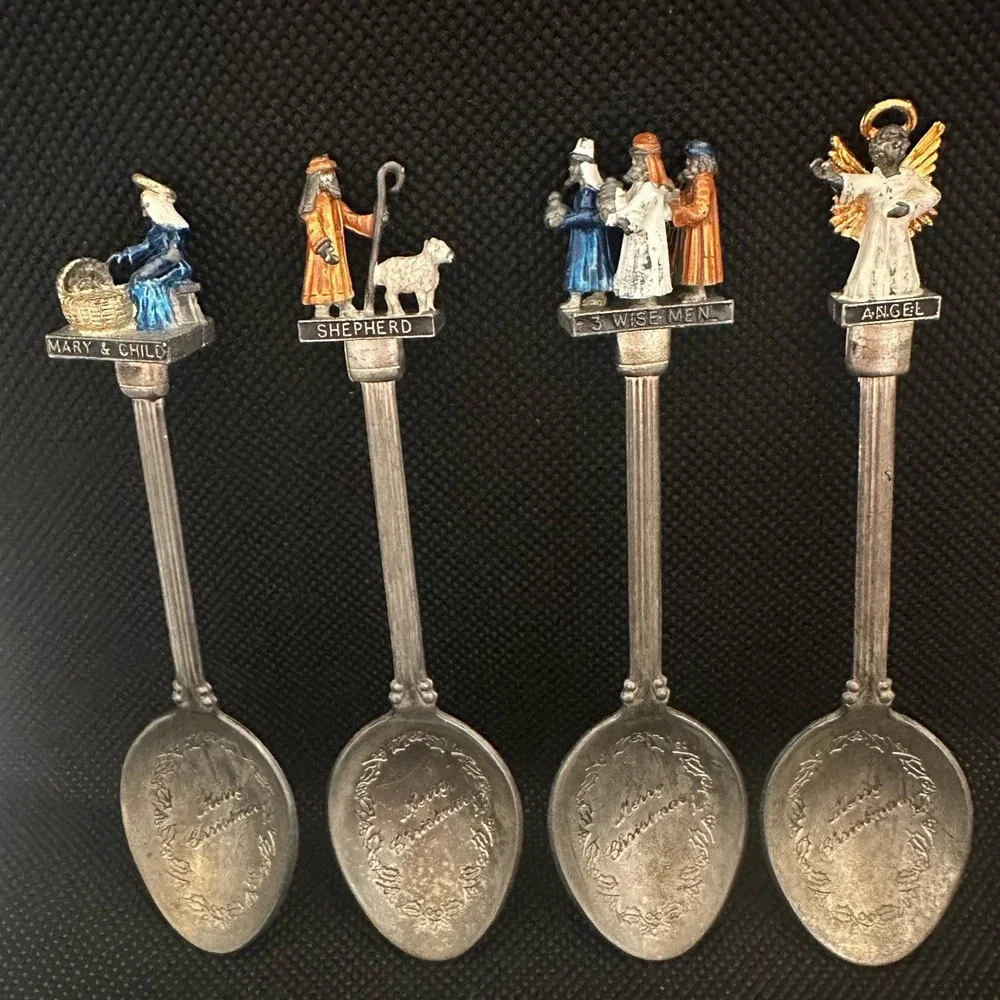 Vintage WAPW UK Silver Plated 3D Nativity Christmas Spoon Set Angel 3 Wise Men